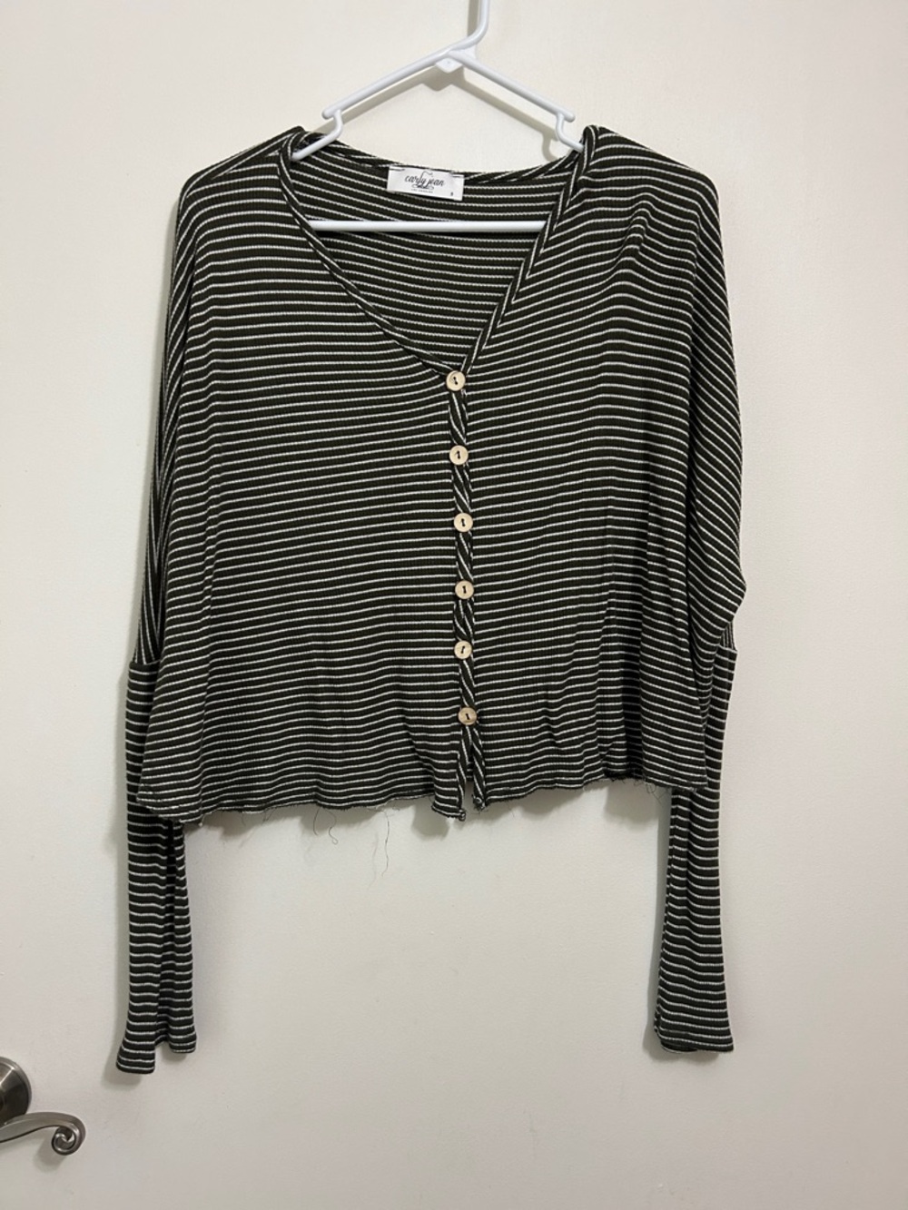 Carly Jean Los Angeles Olive and White Striped Button-Front Long Sleeve Crop Top